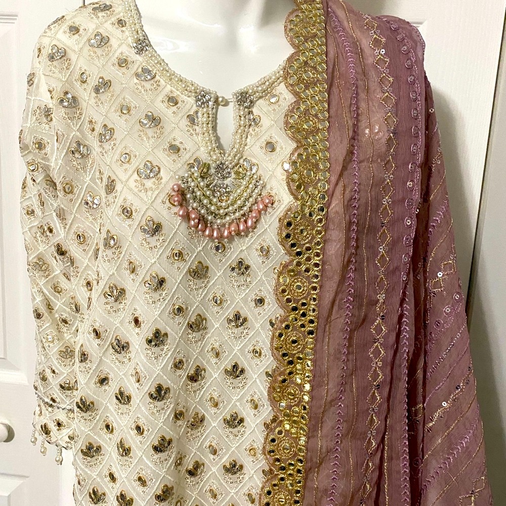 Elegant Embroidered Cream and Purple formal Outfit